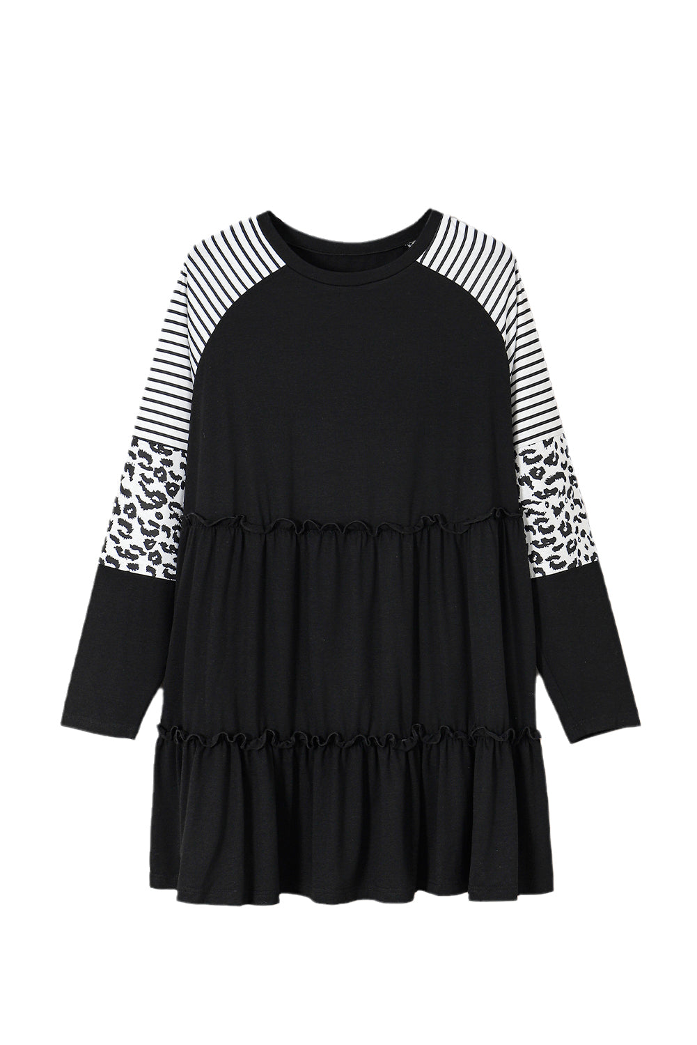 Chic black plus size ruffled dress with leopard and striped sleeves