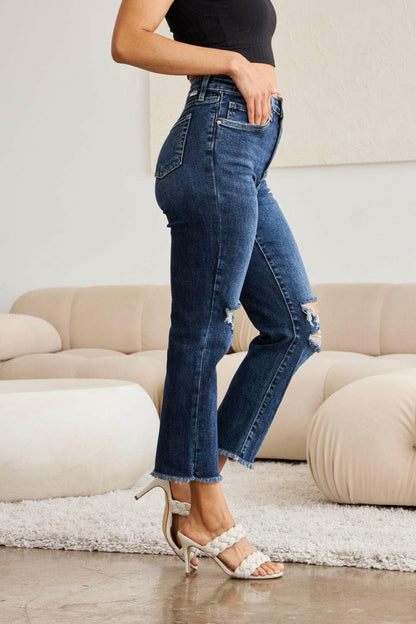 RFM Full Size Tummy Control Distressed High Waist Raw Hem Jeans.