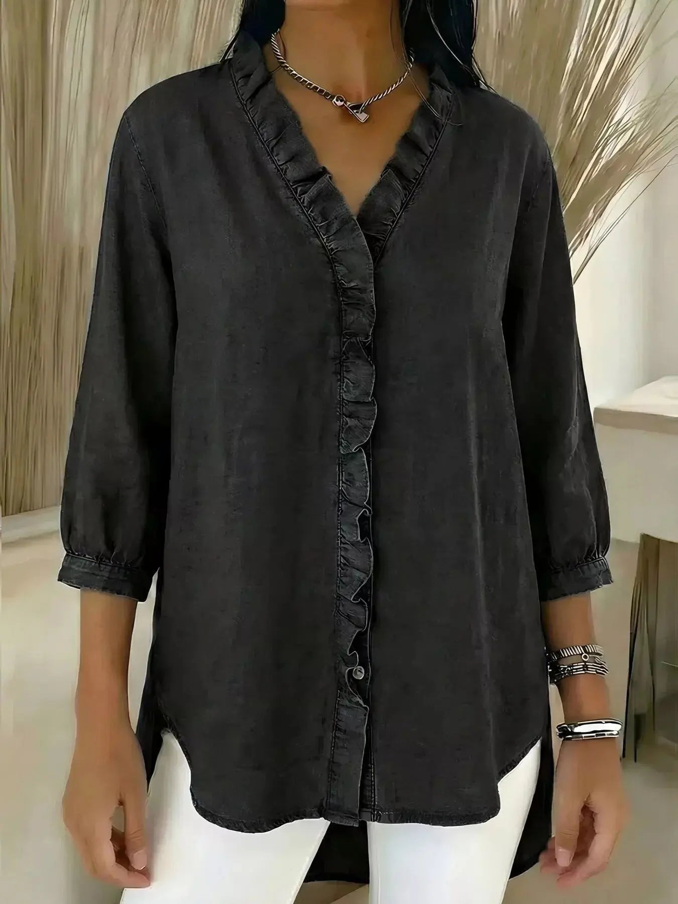 Full Size V-Neck Ruffled Button Down Shirt Plus Size Simply Love