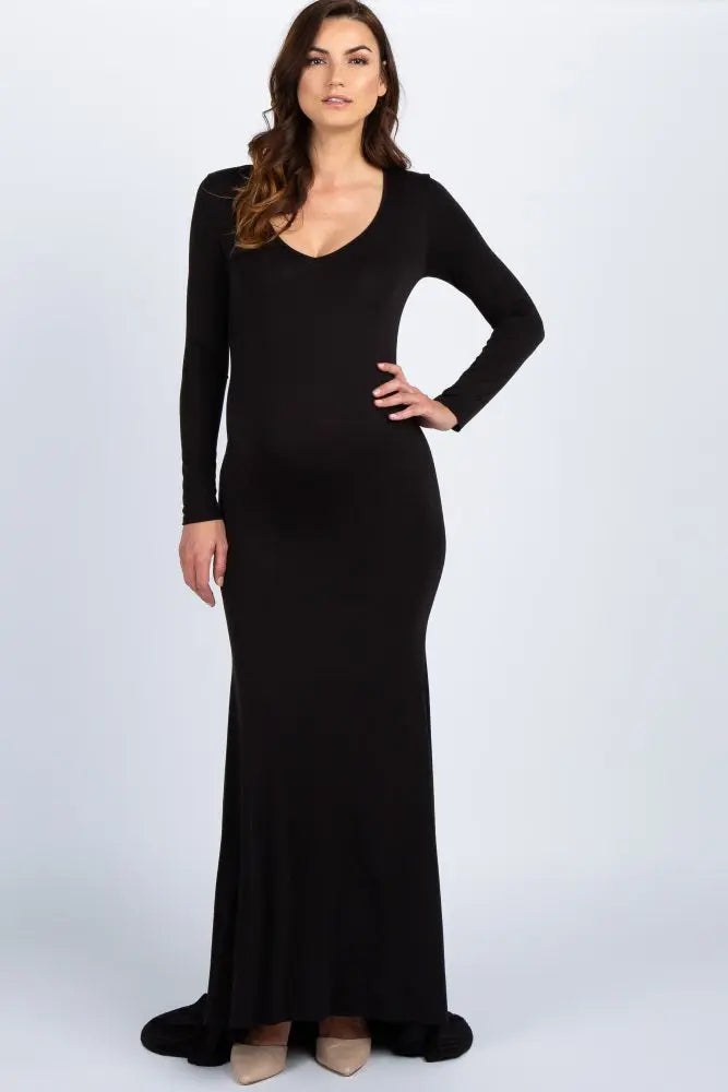 PinkBlush Black Long Sleeve Maternity Gown For Photoshoots And Baby Showers PinkBlush