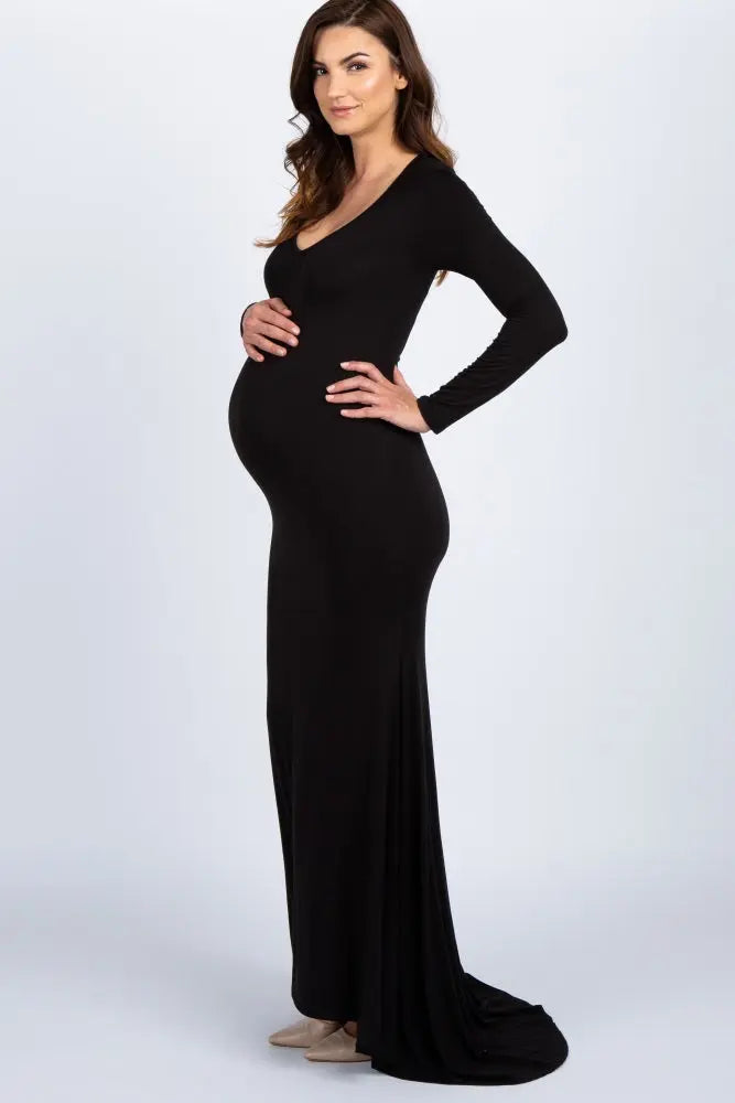 PinkBlush Black Long Sleeve Maternity Gown For Photoshoots And Baby Showers PinkBlush