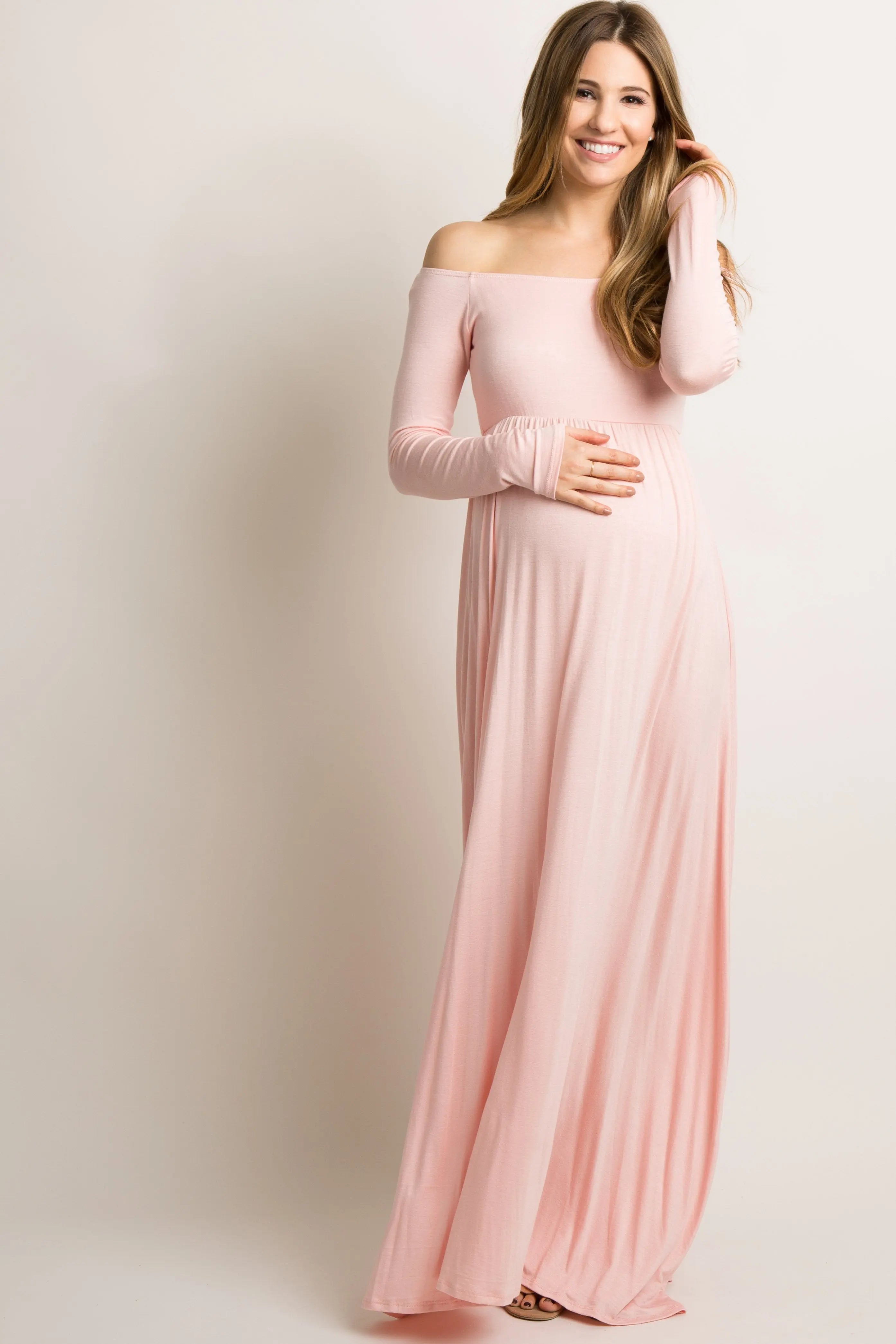 PinkBlush Tall Pink Solid Off Shoulder Maternity Maxi Dress PinkBlush