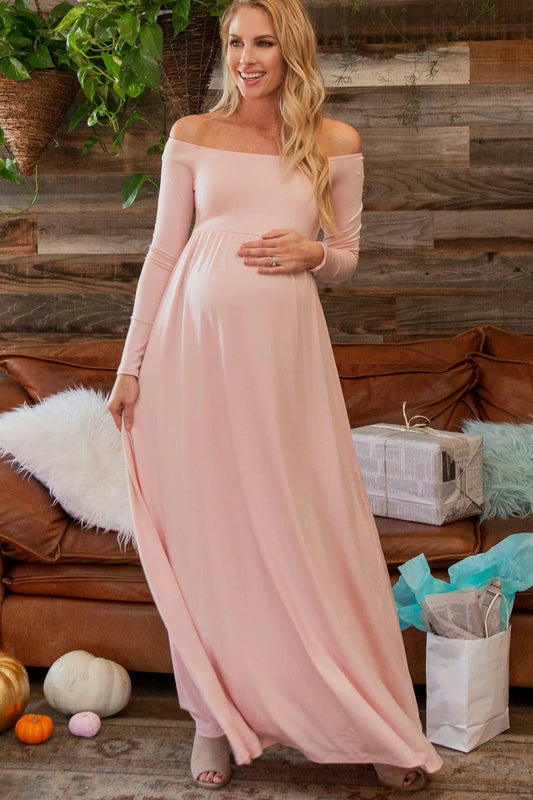 Petite Pink Solid Off Shoulder Maternity Maxi Dress PinkBlush