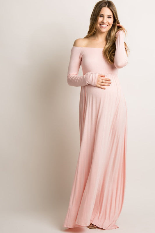 PinkBlush Pink Solid Off Shoulder Maternity Maxi Dress PinkBlush