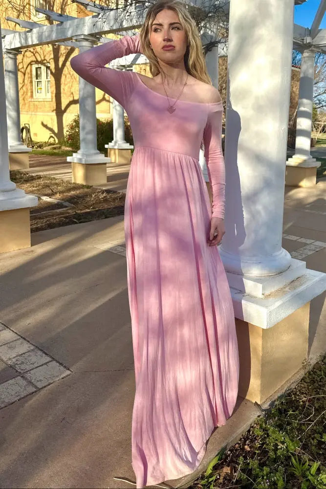 Pink Solid Off Shoulder Maxi Dress With Long Sleeves PinkBlush