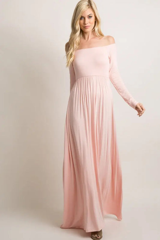 Pink Solid Off Shoulder Maxi Dress With Long Sleeves PinkBlush