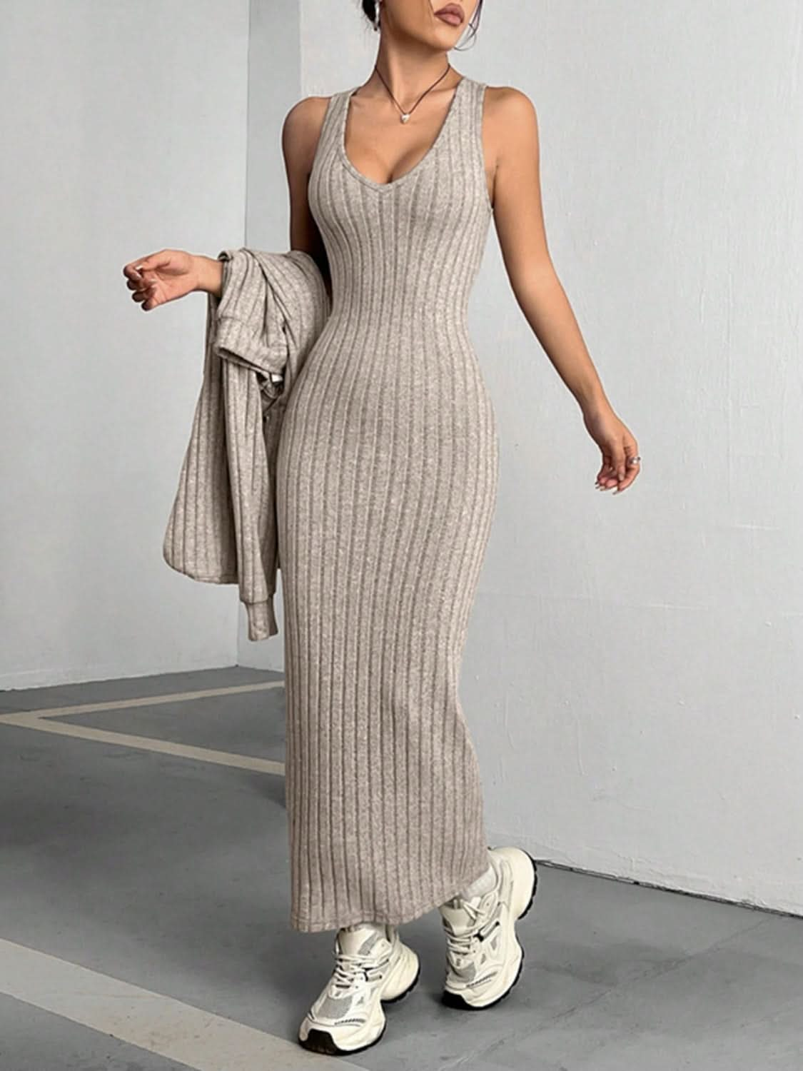 Ribbed Two-Piece Hooded Crop Top and V-Neck Dress Set