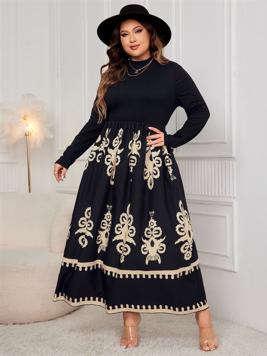 Plus Size Printed Mock Neck Long Sleeve Dress.