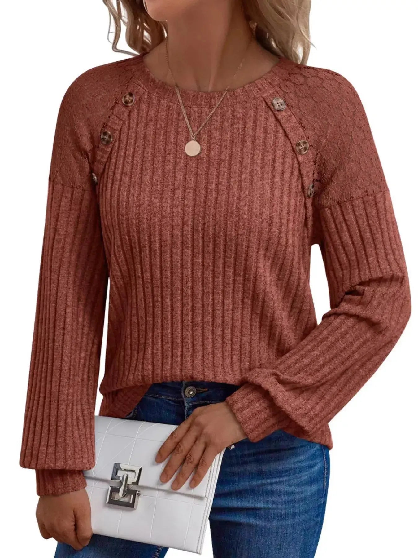 Ribbed Knit T-Shirt with Lace Shoulder Detail Simply Love