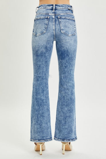 RISEN Full Size High Rise Distressed Flare Jeans.