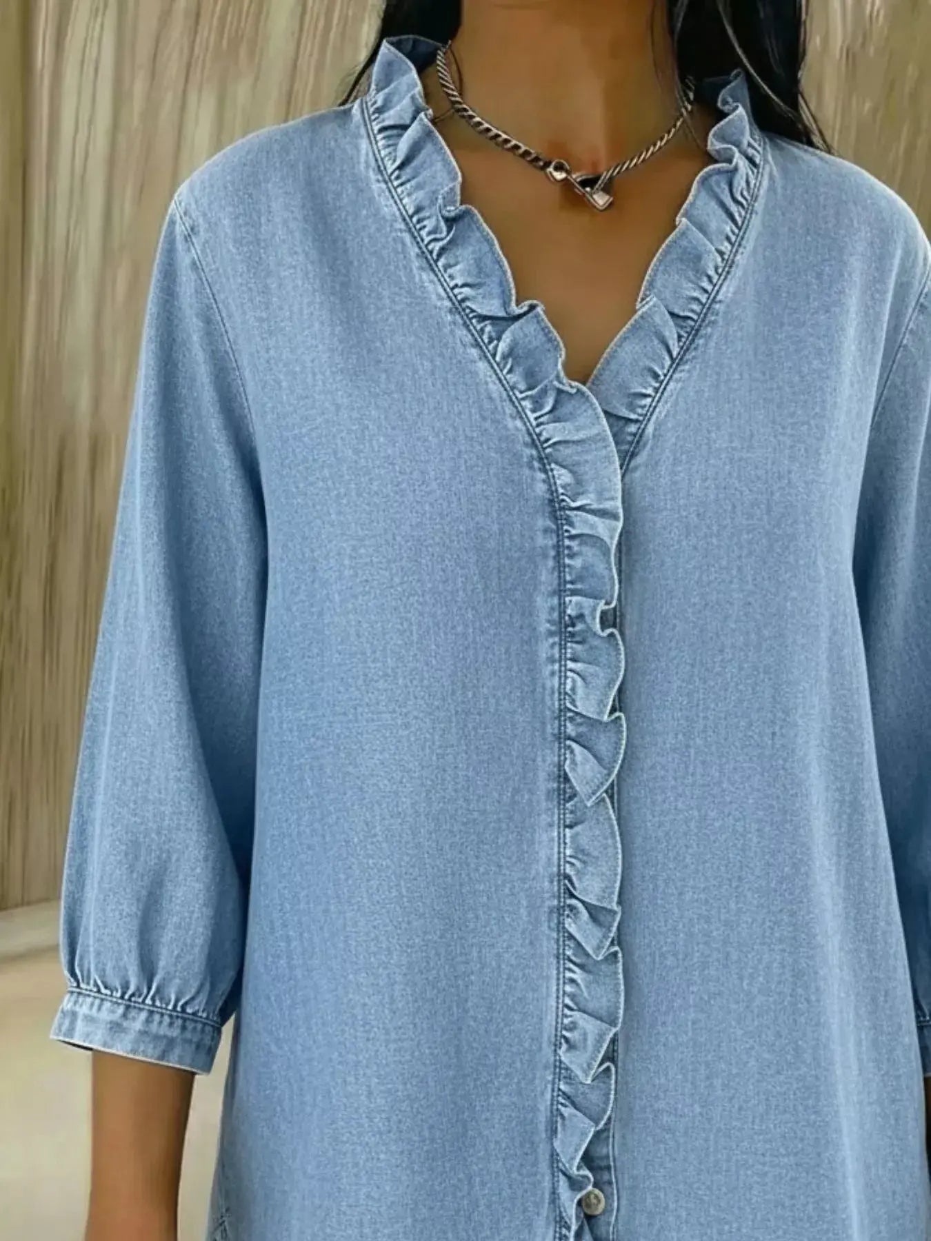 Full Size V-Neck Ruffled Button Down Shirt Plus Size Simply Love