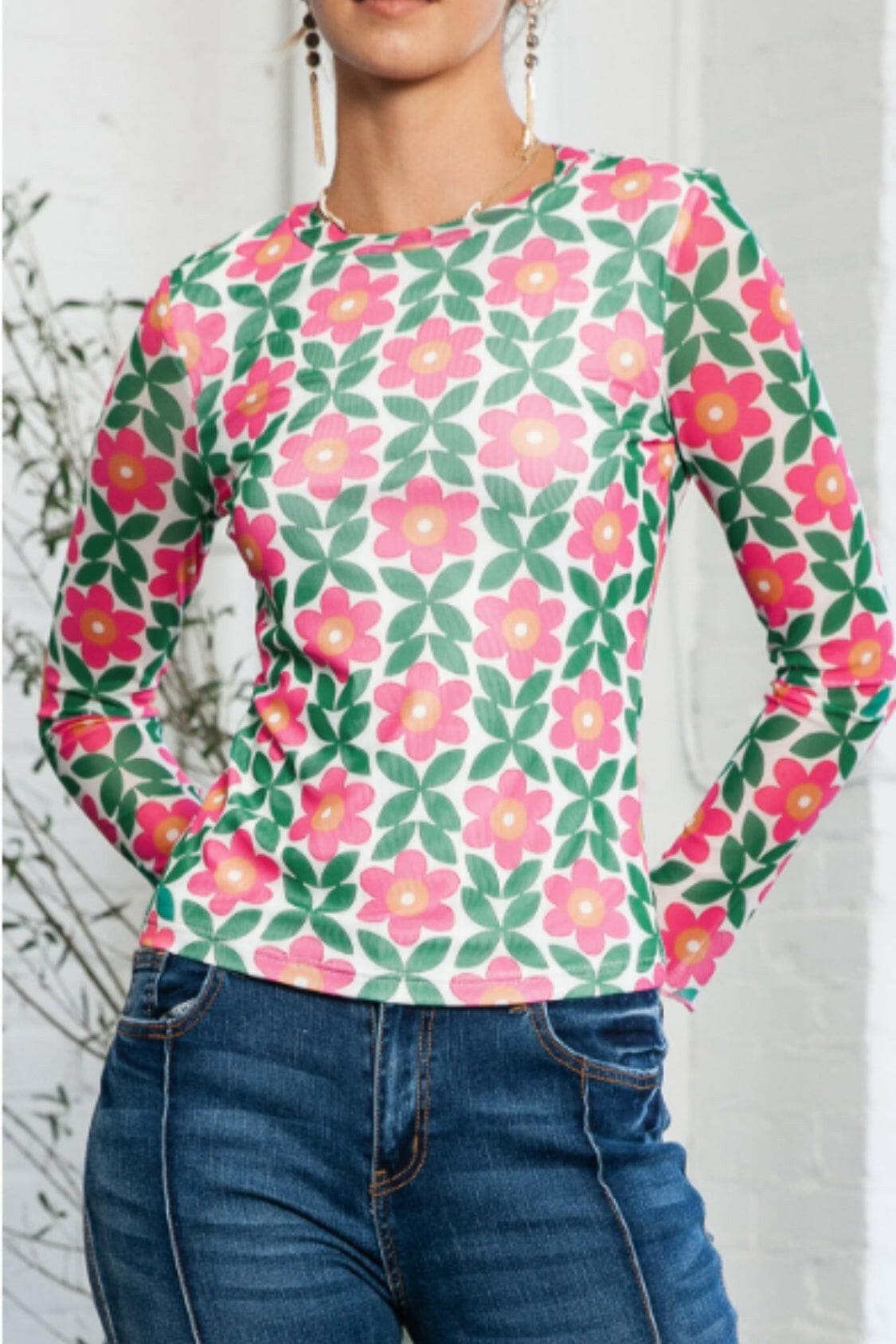 Floral Round Neck Long Sleeve Top.