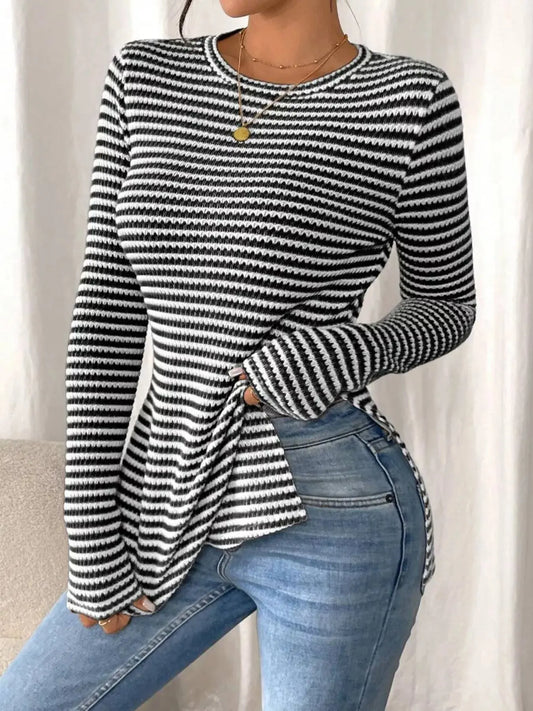 Slit Striped Long Sleeve Casual T-Shirt Simply Love