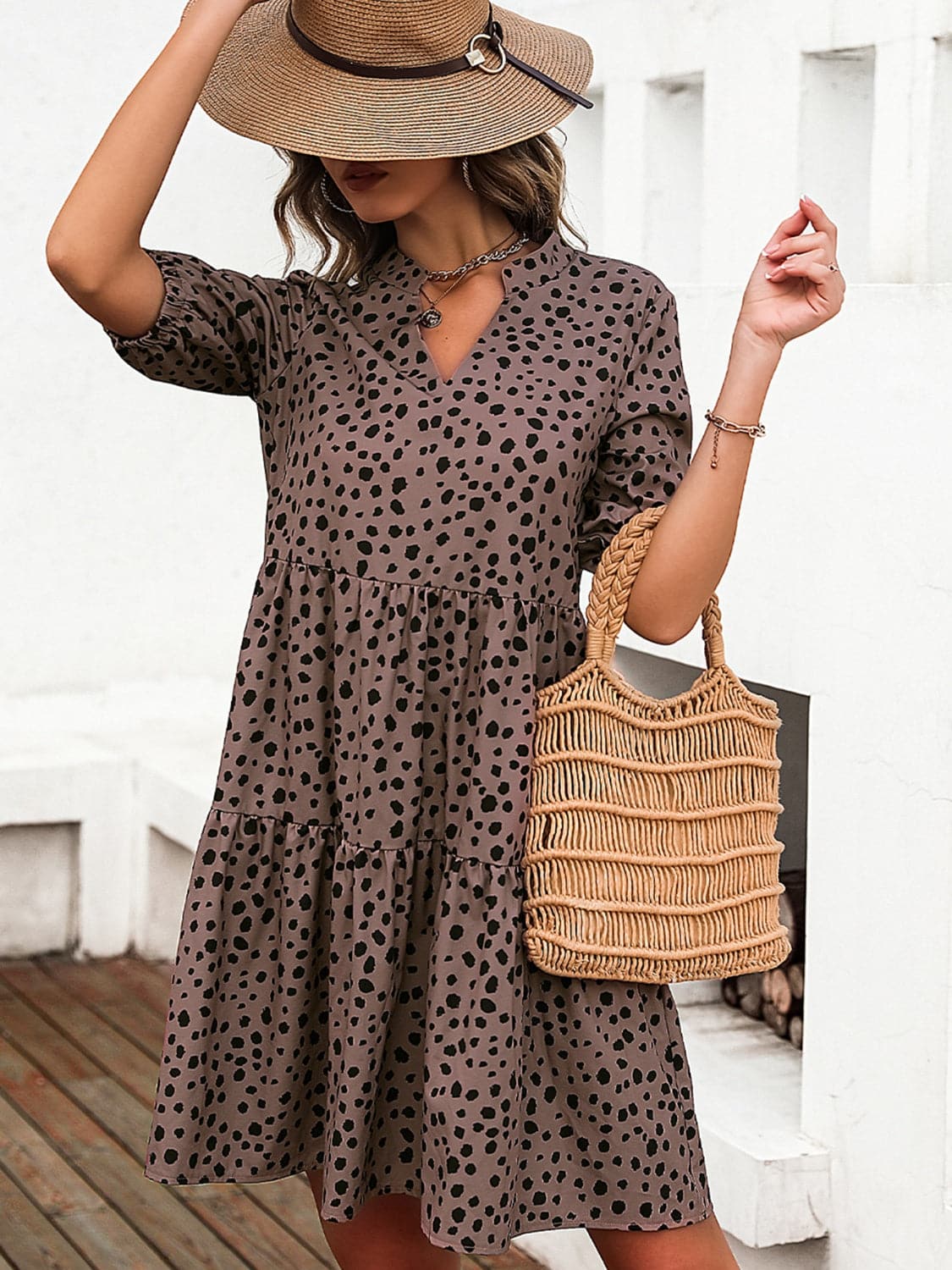 Printed Notched Half Sleeve Dress.