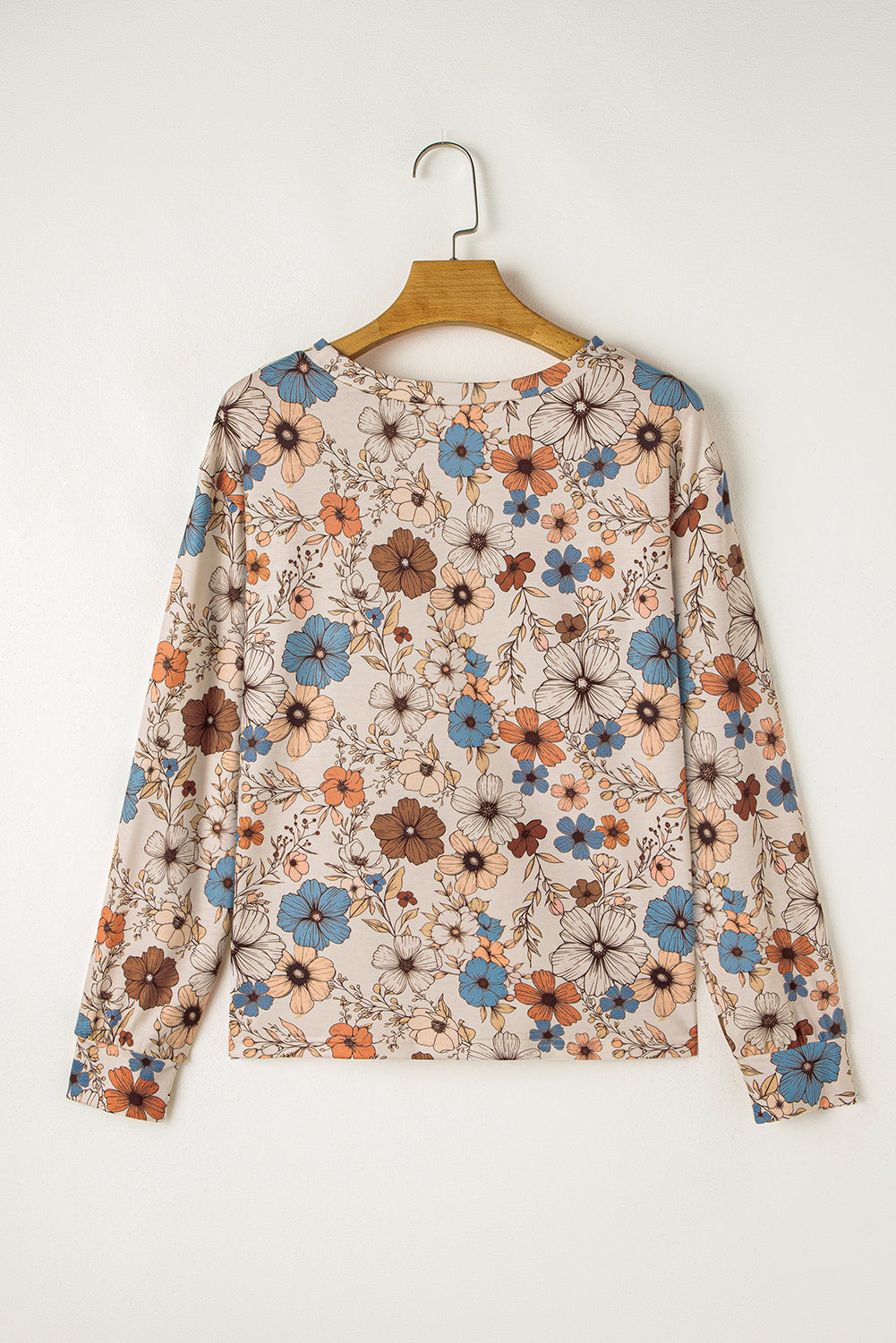 Khaki Floral Print Loose Crew Neck Long Sleeve T Shirt Fashion