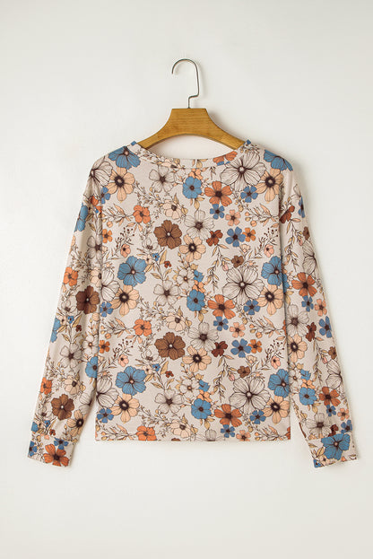 Khaki Floral Print Loose Crew Neck Long Sleeve T Shirt Fashion