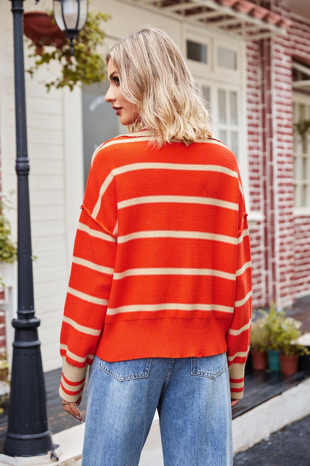 Striped Johnny Collar Sweater.