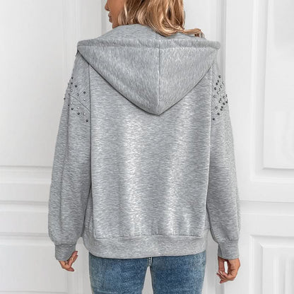 Perfee Rhinestone Zip Up Long Sleeve Hoodie