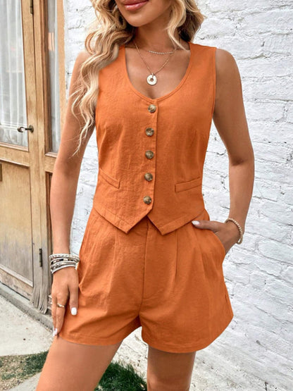 Scoop Neck Sleeveless Top and Shorts Set.