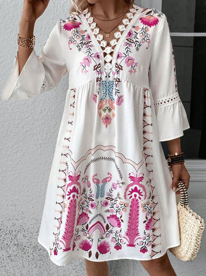 Lace Detail Printed Three-Quarter Sleeve Dress.