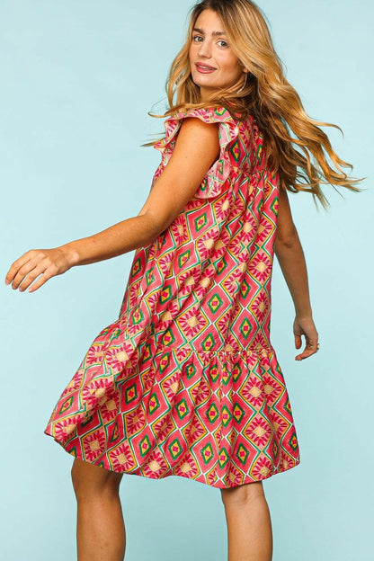 Haptics Full Size Ruffled Printed Dress with Side Pockets.