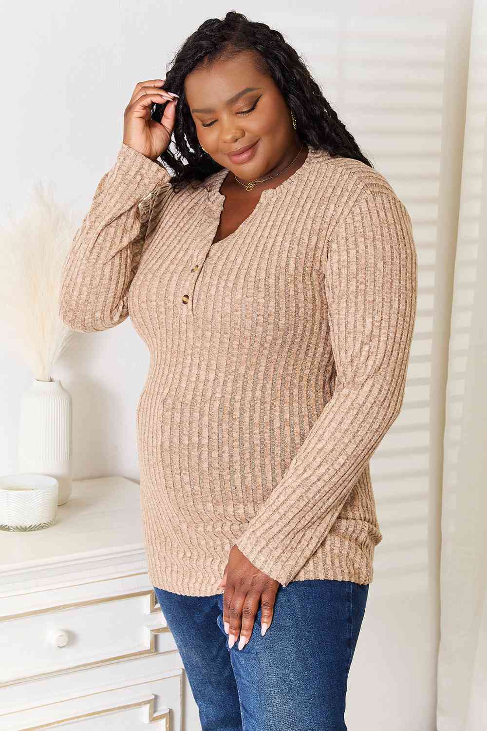 Double Take Notched Neck Ribbed Long Sleeve T-Shirt - Love Salve