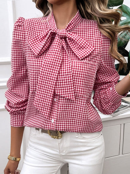 Plaid tie-neck long sleeve top