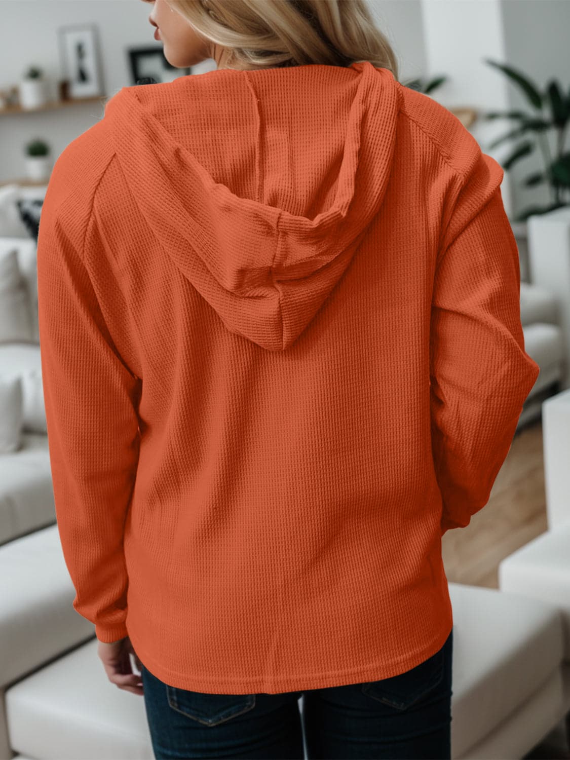 Waffle-Knit Drawstring Quarter Button Hoodie.