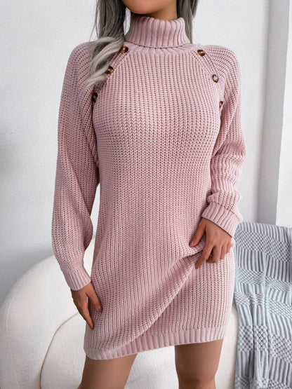 Decorative Button Turtleneck Sweater Dress.