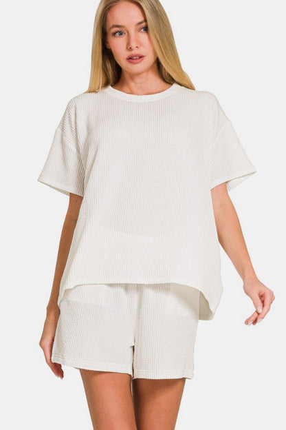 Relaxed elegance: Zenana ribbed t-shirt and shorts ensemble