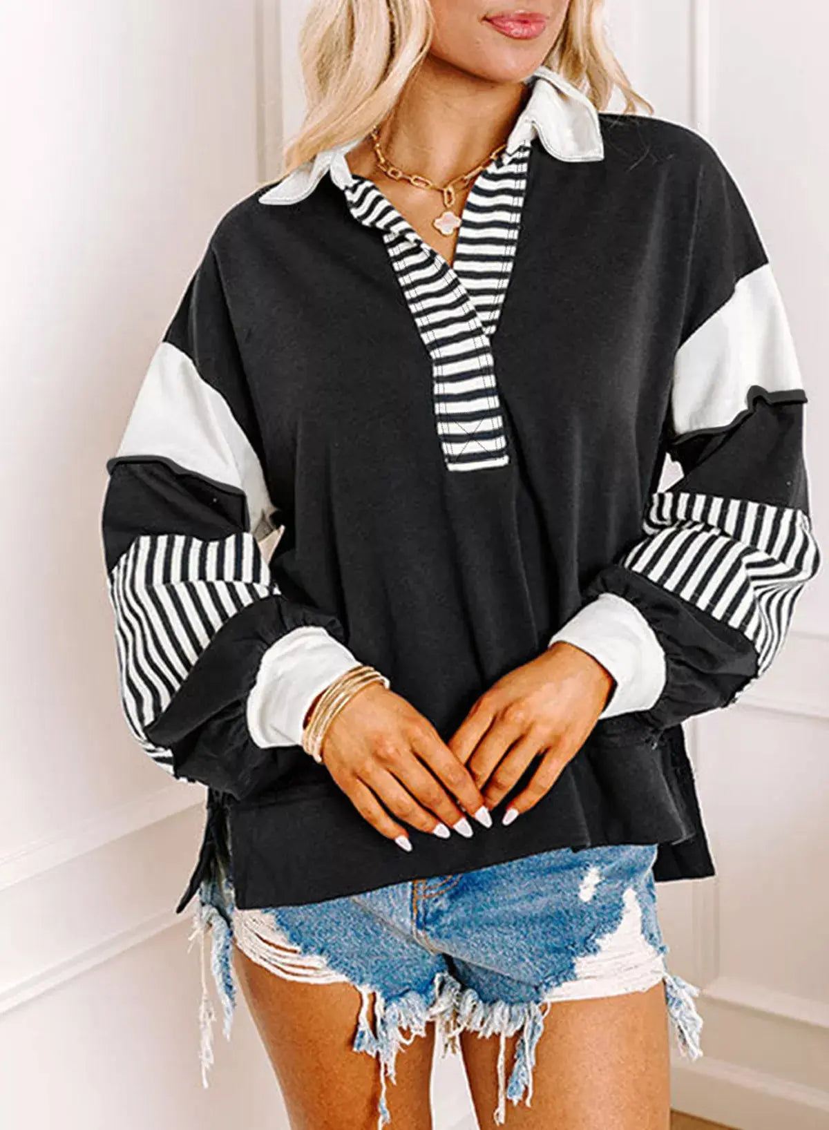 Color Block Striped Johnny Collar Sweatshirt Simply Love