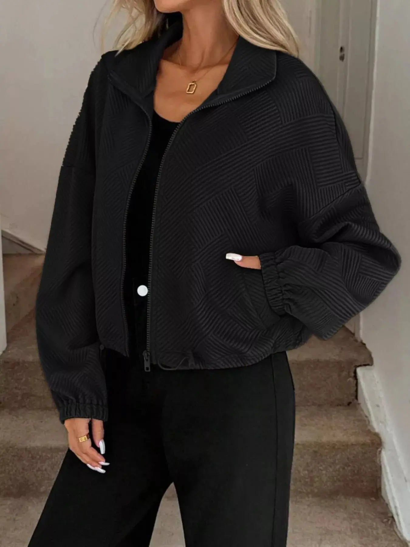 Textured Zip-Up Drawstring Hem Jacket Simply Love