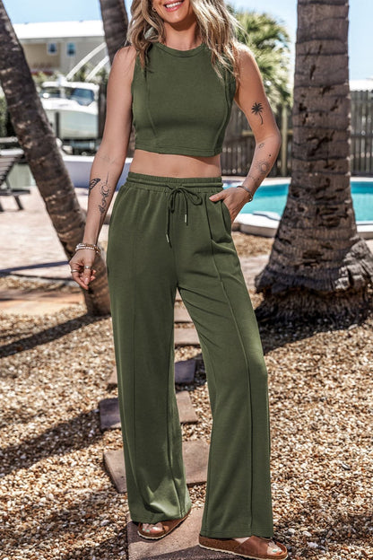 Round Neck Top and Drawstring Pants Set.