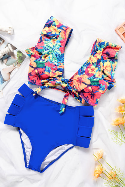 Tropical floral ruffle high waist bikini with front tie detail