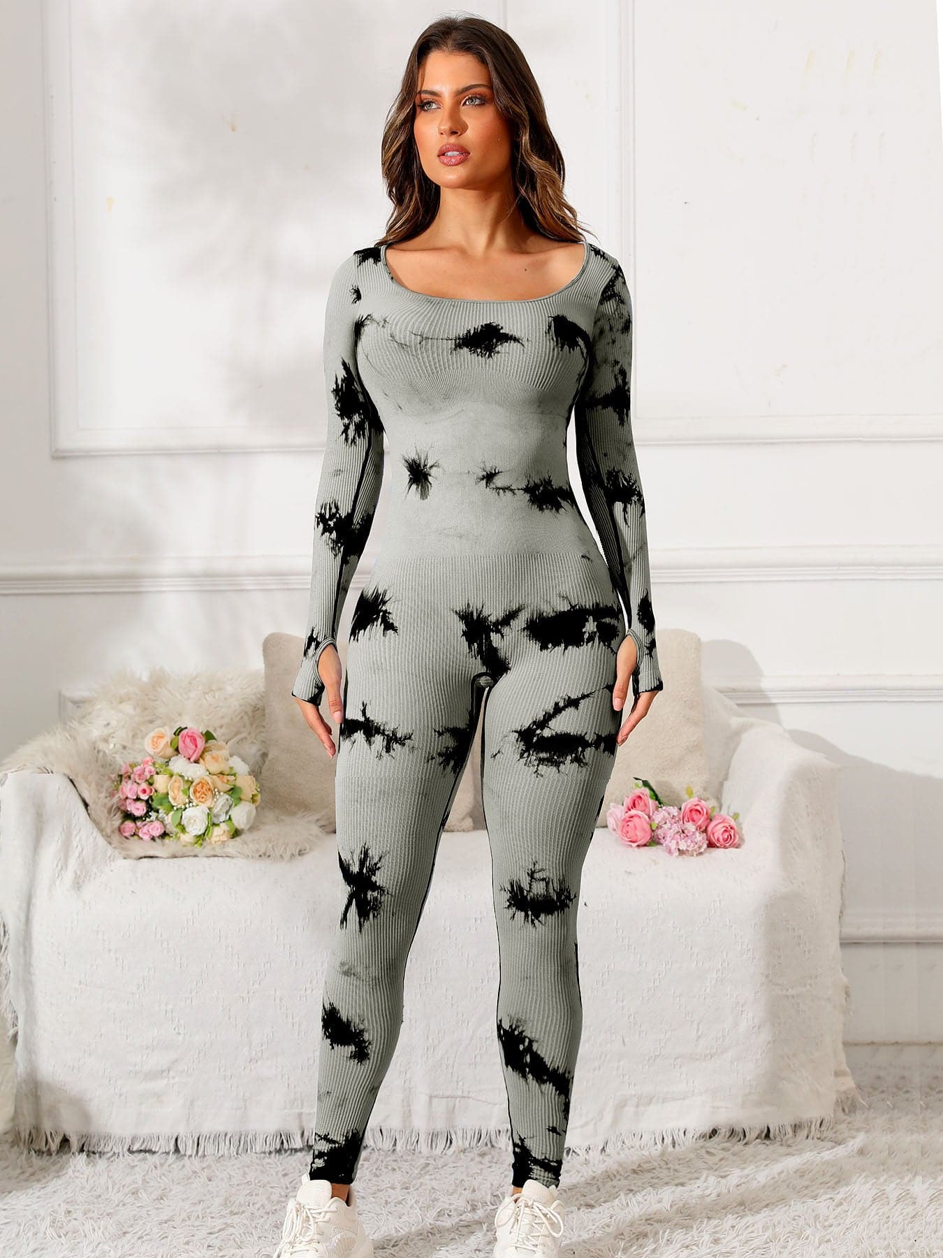 Scoop Neck Long Sleeve Active Jumpsuit.