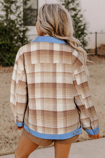 Chic light beige plaid patchwork shacket with flap details