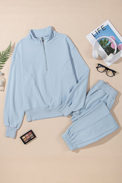 Sky Blue Half Zip Up Pullover Active Top and Joggers Set