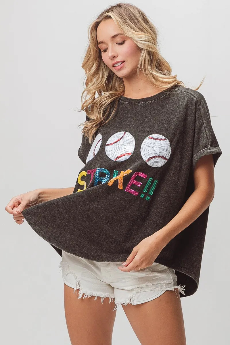 BiBi Sequin Baseballs Strike Washed Short Sleeve Top - Love Salve 