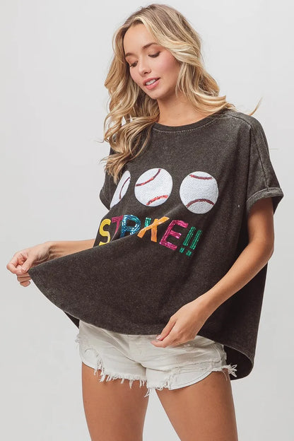 BiBi Sequin Baseballs Strike Washed Short Sleeve Top - Love Salve 