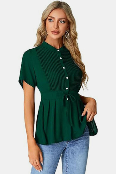 Tied Round Neck Short Sleeve Blouse.