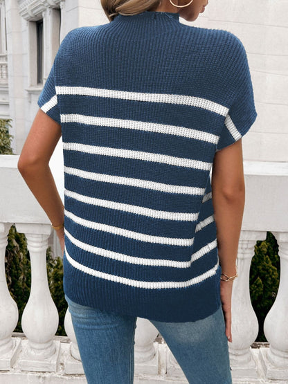 Striped Mock Neck Short Sleeve Sweater.