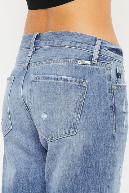 Kancan Mid Rise Distressed Straight Jeans.