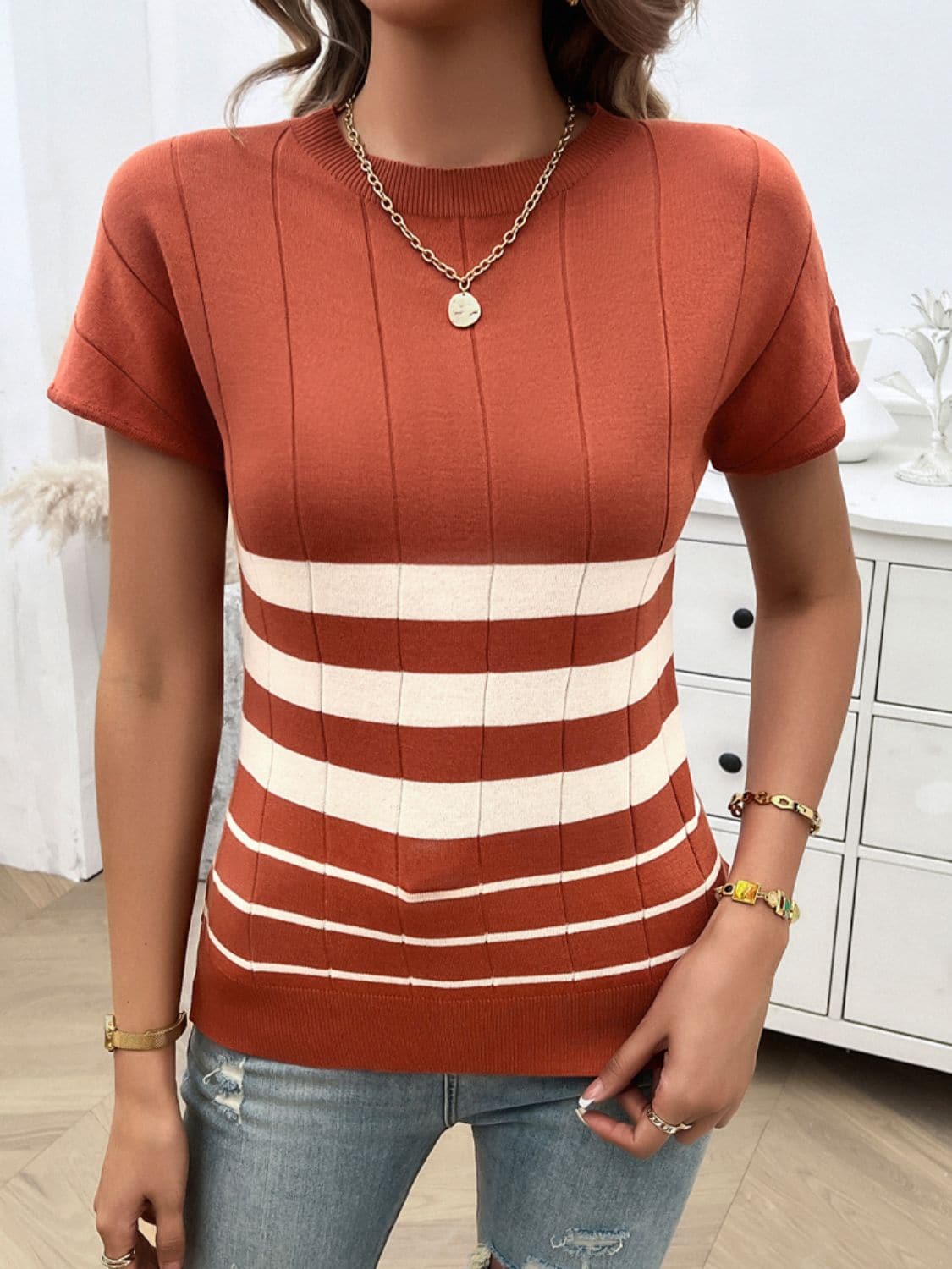 Striped Round Neck Short Sleeve Knit Top.