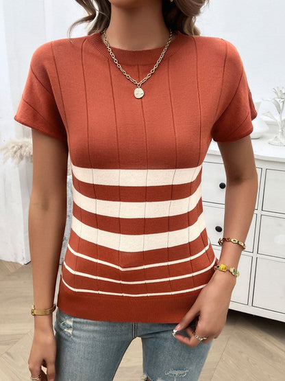 Striped Round Neck Short Sleeve Knit Top.