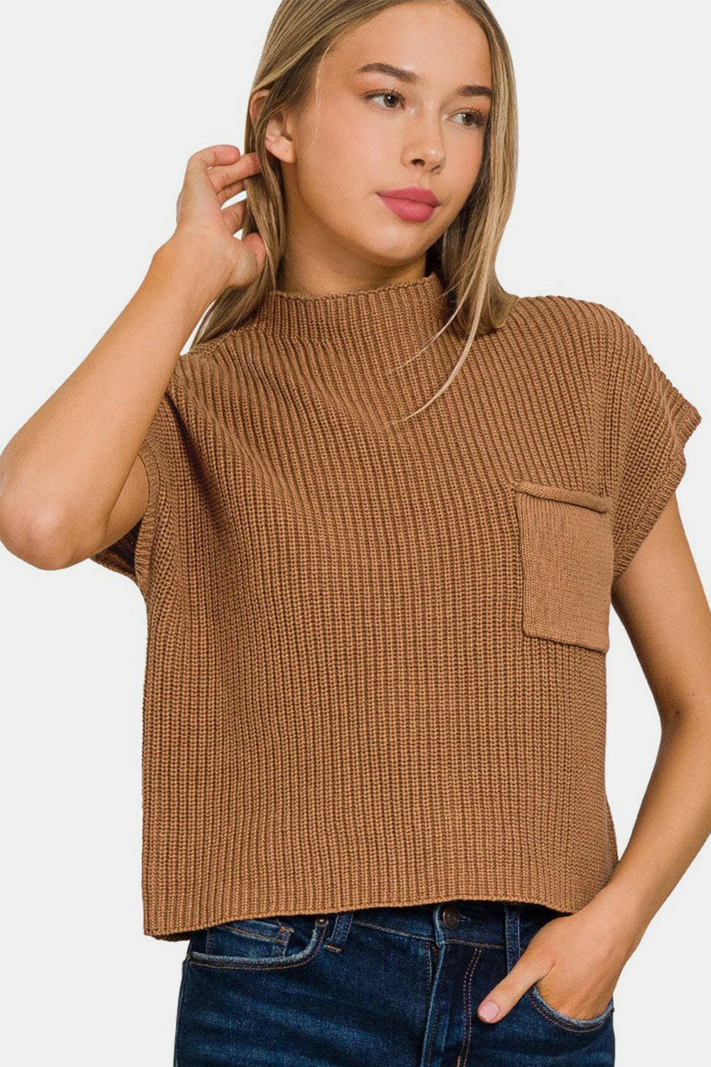 Zenana Mock Neck Short Sleeve Cropped Sweater.