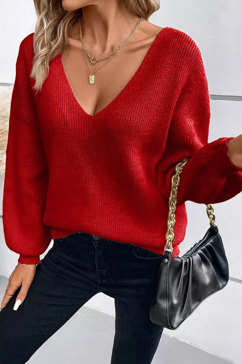 Lantern Sleeve V Neck Knot Back Sweater Simply Love