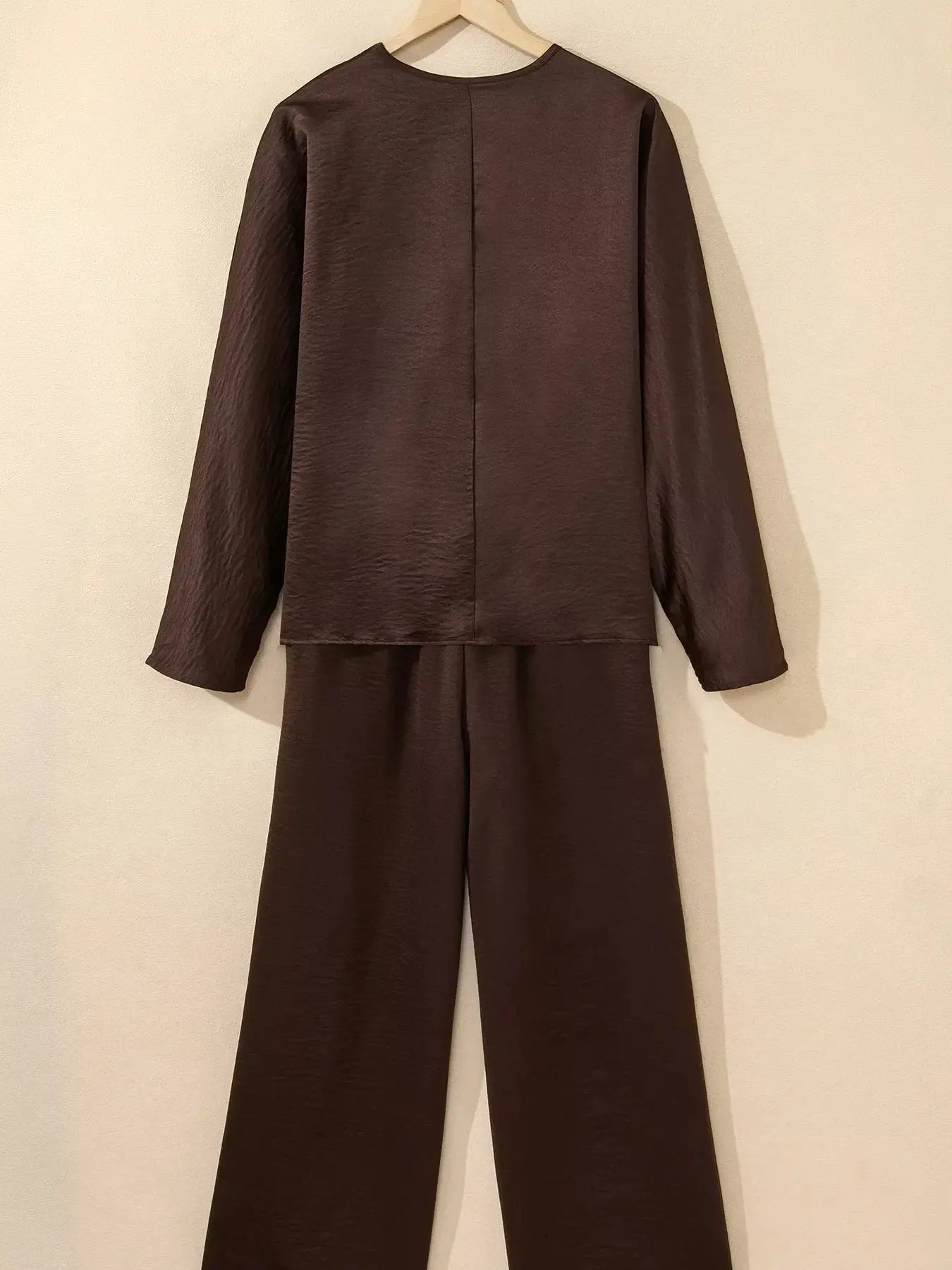 Braided V Neck Long Sleeve Loose Top and Drawstring High Waist Pants 2pcs Outfit Simply Love
