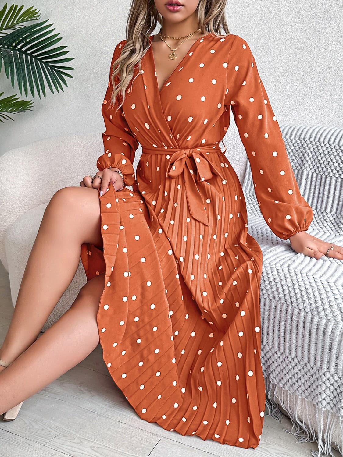 Tied Polka Dot Long Sleeve Midi Dress.