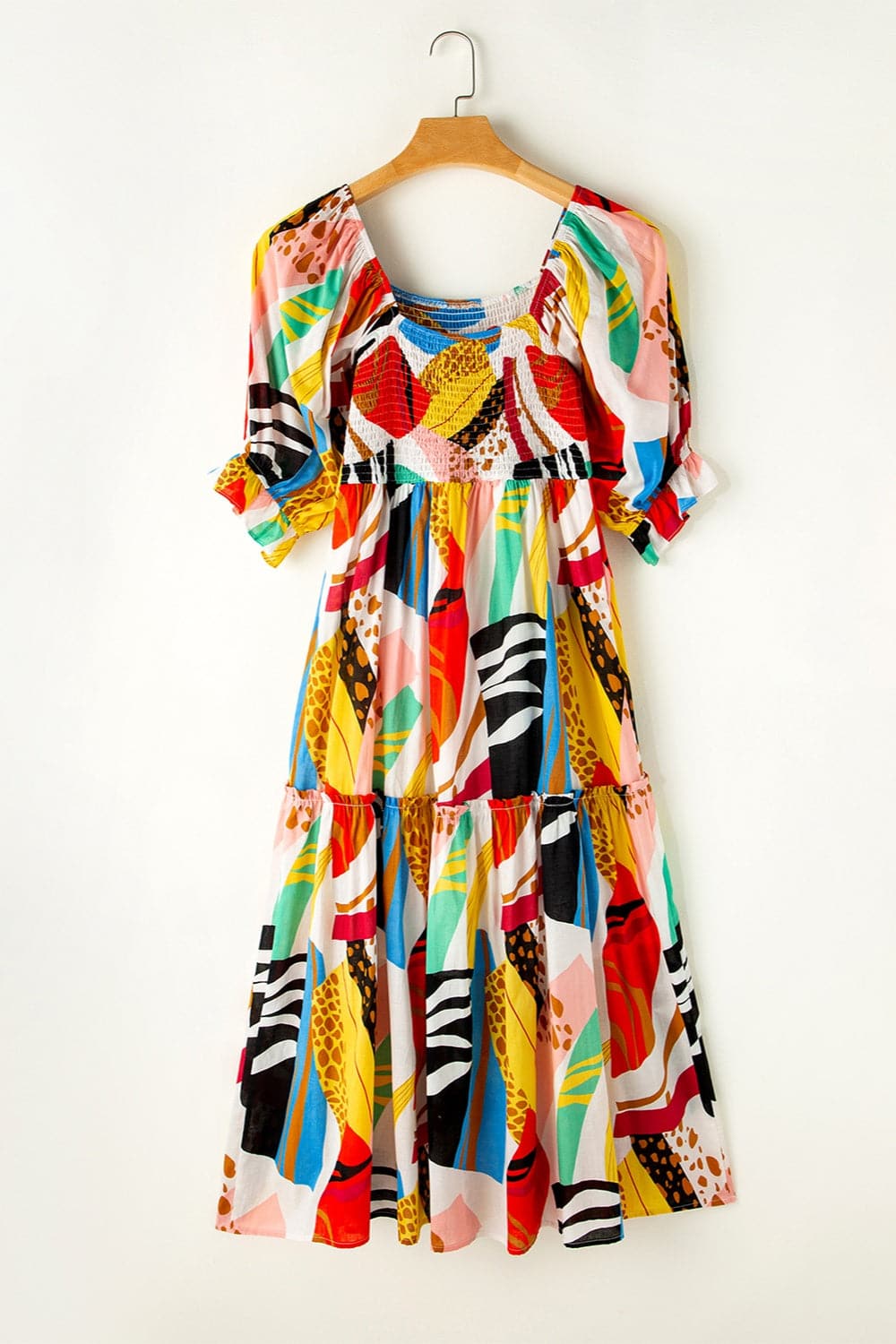 Printed Square Neck Short Sleeve Midi Dress.