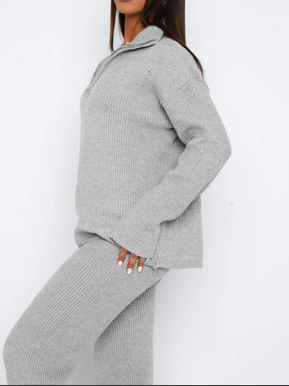 Cozy quarter zip ribbed lounge set with long sleeves and matching pants